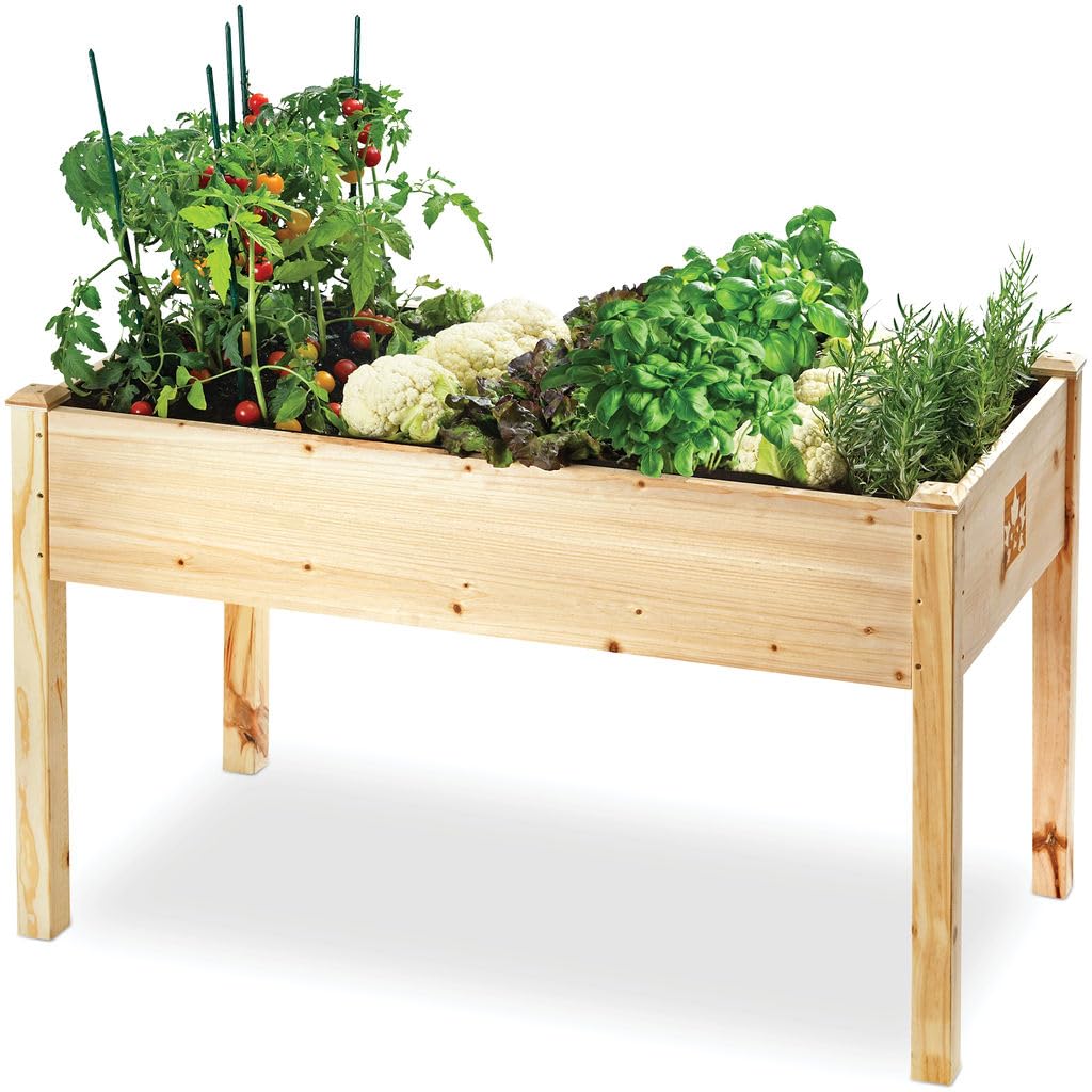 Maple99 Raised Garden Bed - Elevated Wood Planter Box with Bed Liner for Backyard, Patio, Deck, Balcony - Natural Cedar Raised Planter Box with Legs for Flowers, Herbs - 200lb Capacity - 48x26.5x30
