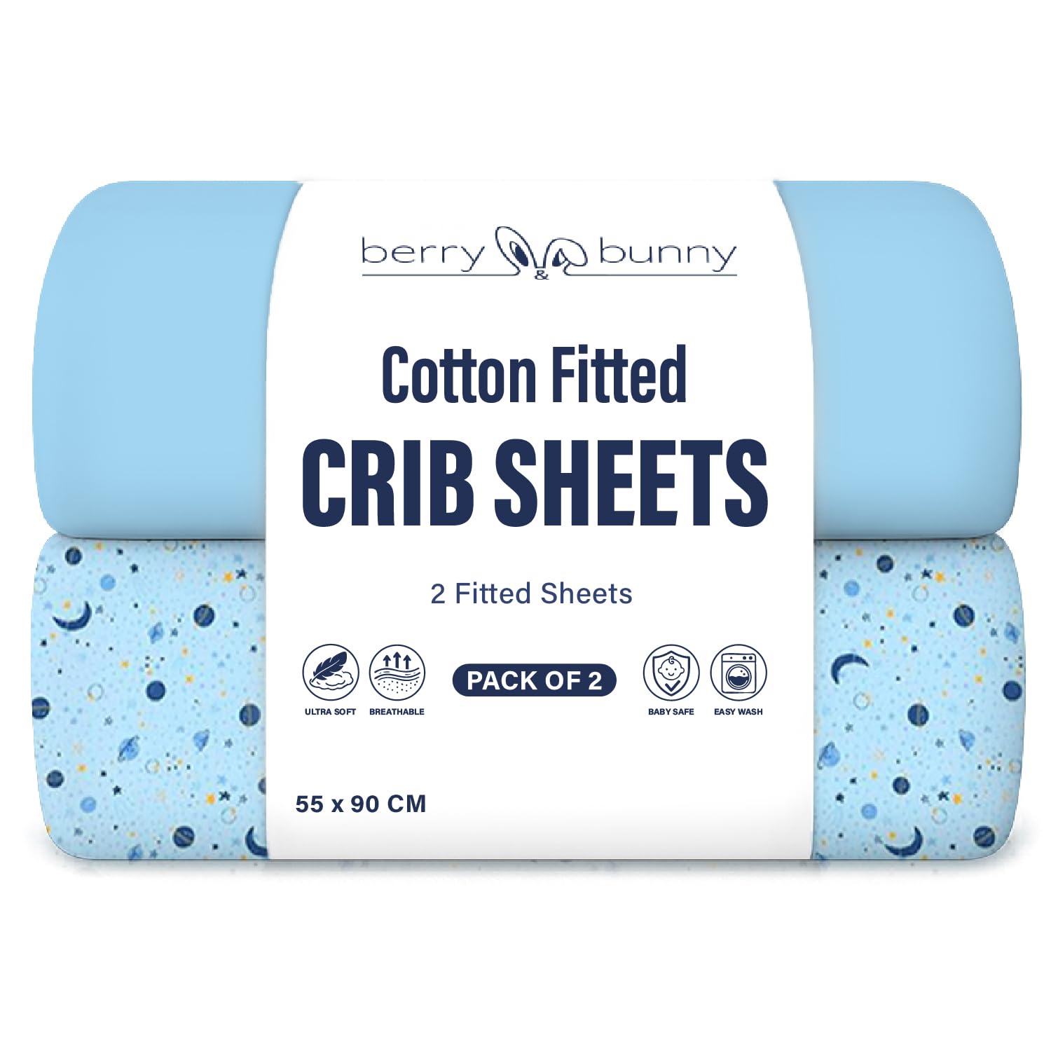 Berry and Bunny 100% Cotton Next To Me Crib Sheets Pack of 2, Soft Breathable Elasticated Baby Crib Sheets 55 x 90 cm, Deep Fit Mattress Protector Cover, Baby Bedding All Seasons — image 1
