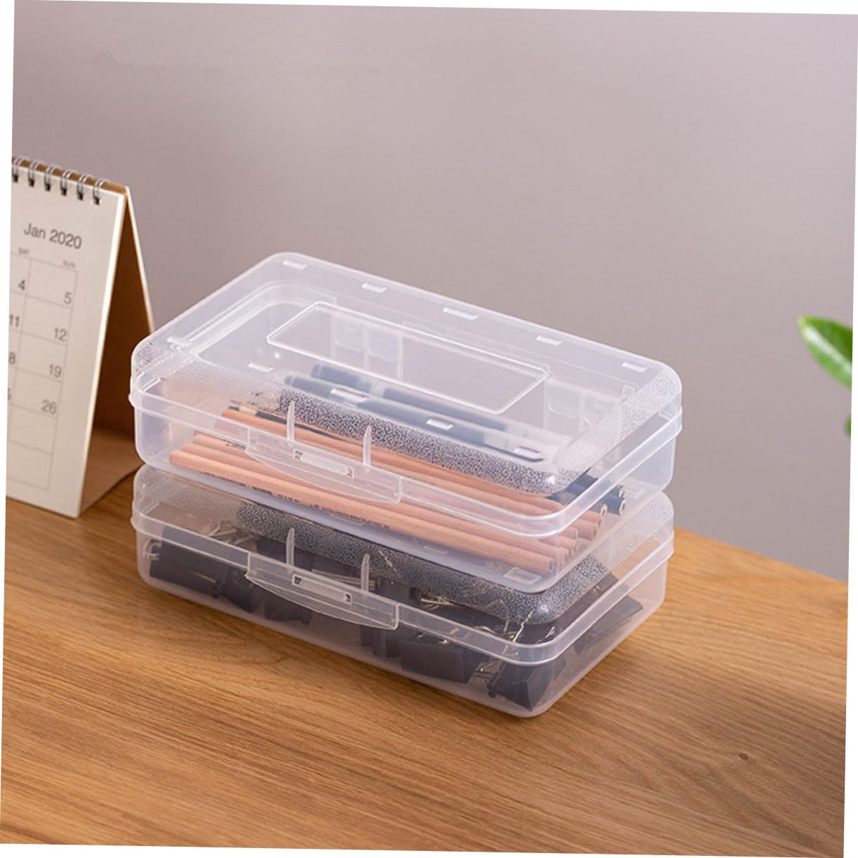 Set 6 Astucci Trasparenti per Penne in Plastica Coperchio Rapido, Organizer Portapenne Impilabile per Studenti e Insegnanti, Contenitori per Cancelleria da Scrivania e Scuola