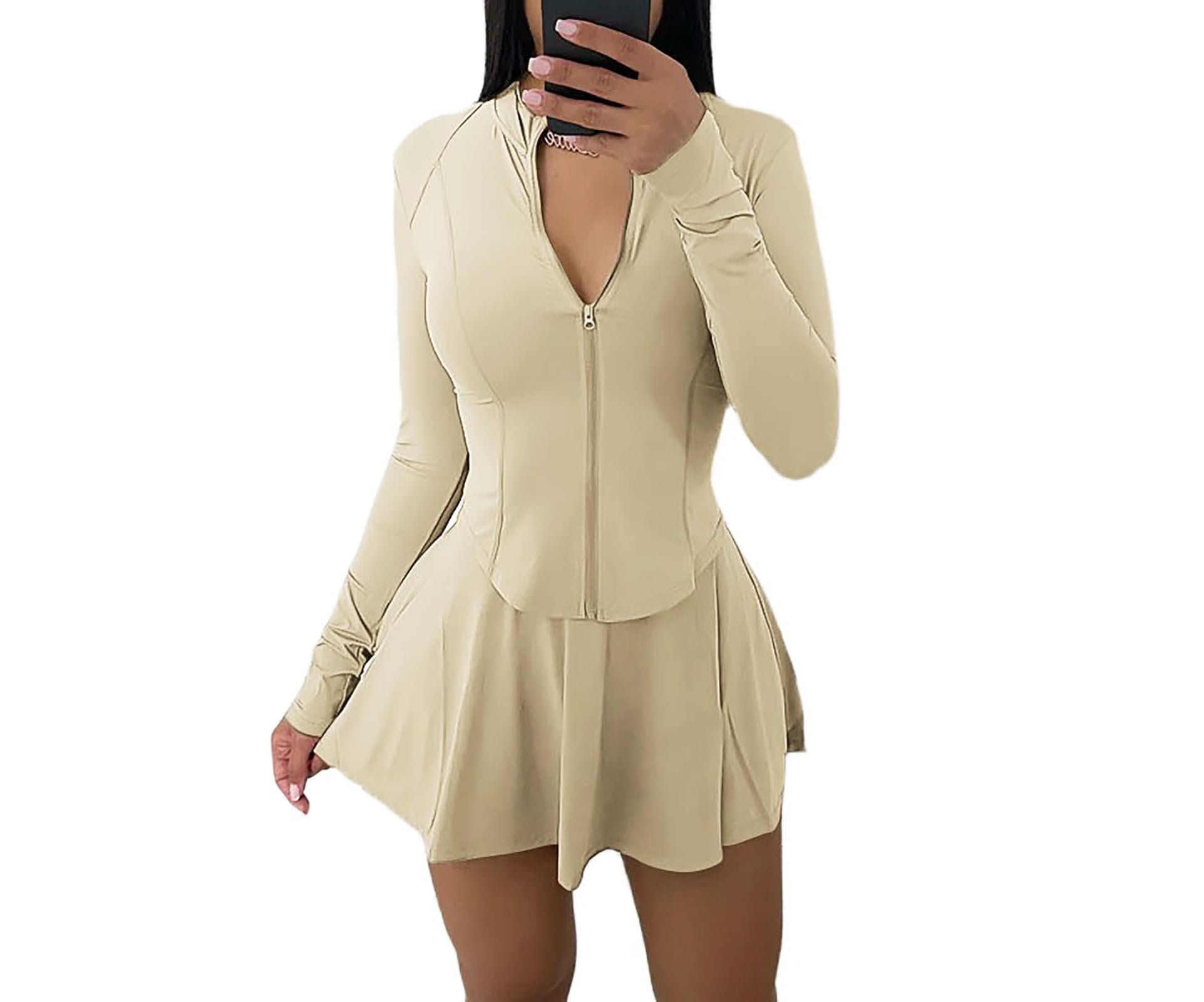 Vssjavun Women 2 Piece Mini Skirt Sets with Long Sleeve Zipper Workout Jacket Sweatsuit Tracksuit Tennis Outfits