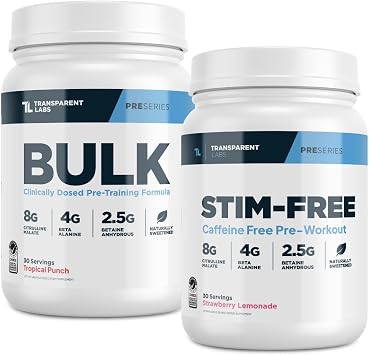 Transparent Labs Bulk Pre-Workout Powder 30 Servings, Tropical Punch & Stim-Free Pre-Workout Powder 30 Servings, Strawberry Lemonade