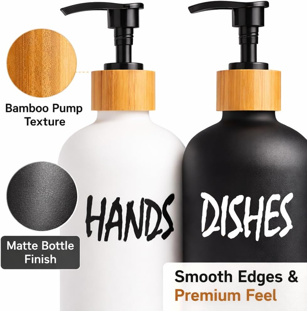 Premium 2-Pack Hand and Dish Soap Dispenser Set – 16oz Matte Black & White Bottles with Bamboo Pump and Bamboo Tray, Refillable Hand & Dishes Dispensers for Modern Kitchens, Modern Minimalist Decor