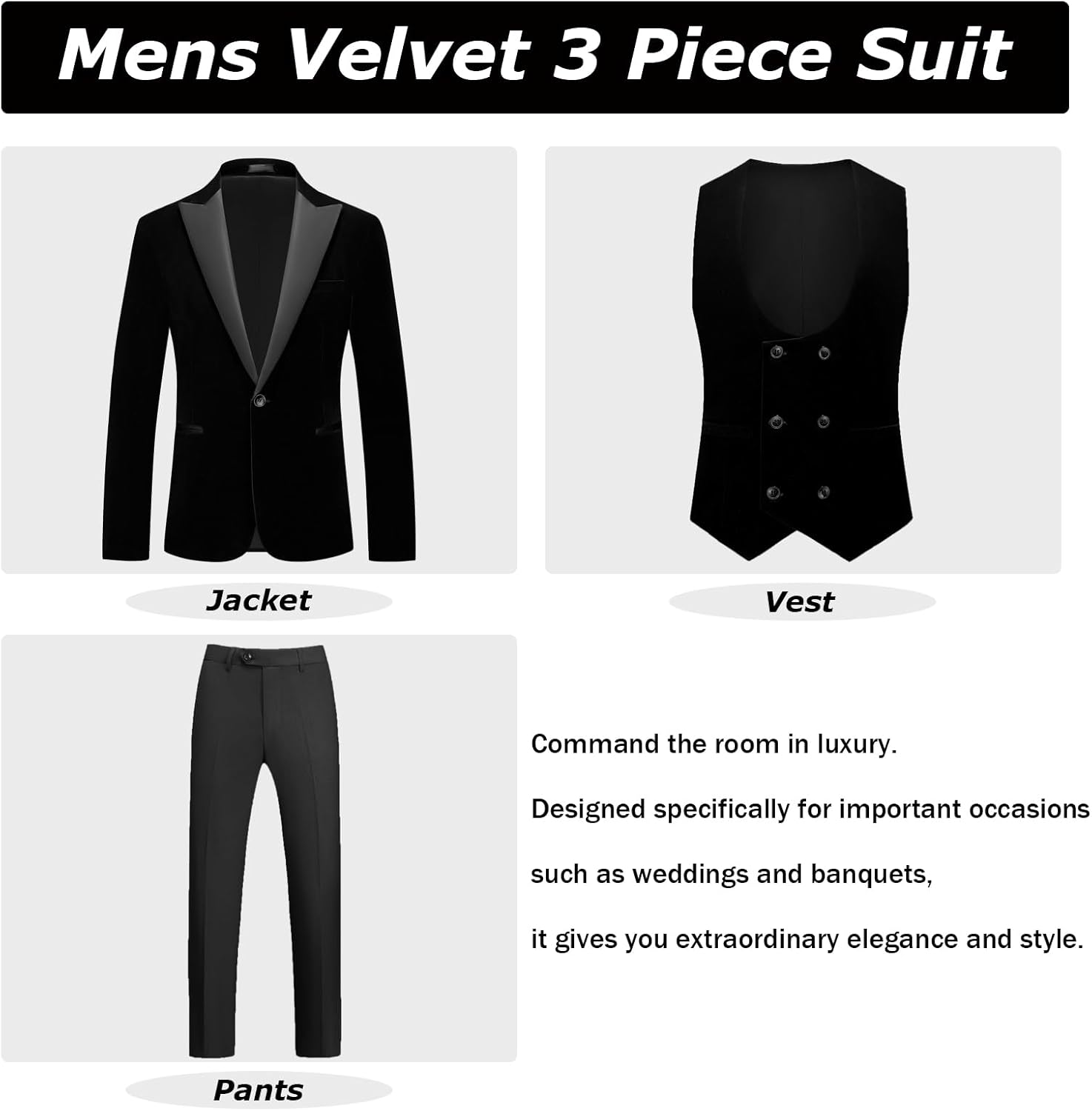 KUDMOL Mens Velvet Suit 3 Piece Slim Fit Tuxedo Peak Lapel Formal Blazer One Button Jacket Vest Pants for Prom Wedding - Image 2