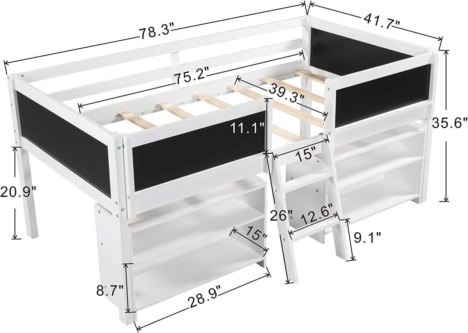 CITYLIGHT Low Loft Bed with Two Movable Shelves and Ladder, Junior Twin Low Loft Bed with Decorative Guardrail Chalkboard,White