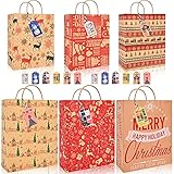 Geschenktüten Weihnachten Papiertüten 12 Stück Kraft Weihnachtstüten mit Geschenkanhänger, Kinder Papier Weihnachtstaschen mit Henkel,Groß Und Mittel Geschenktaschen Weihnachten Verschiedene Größen