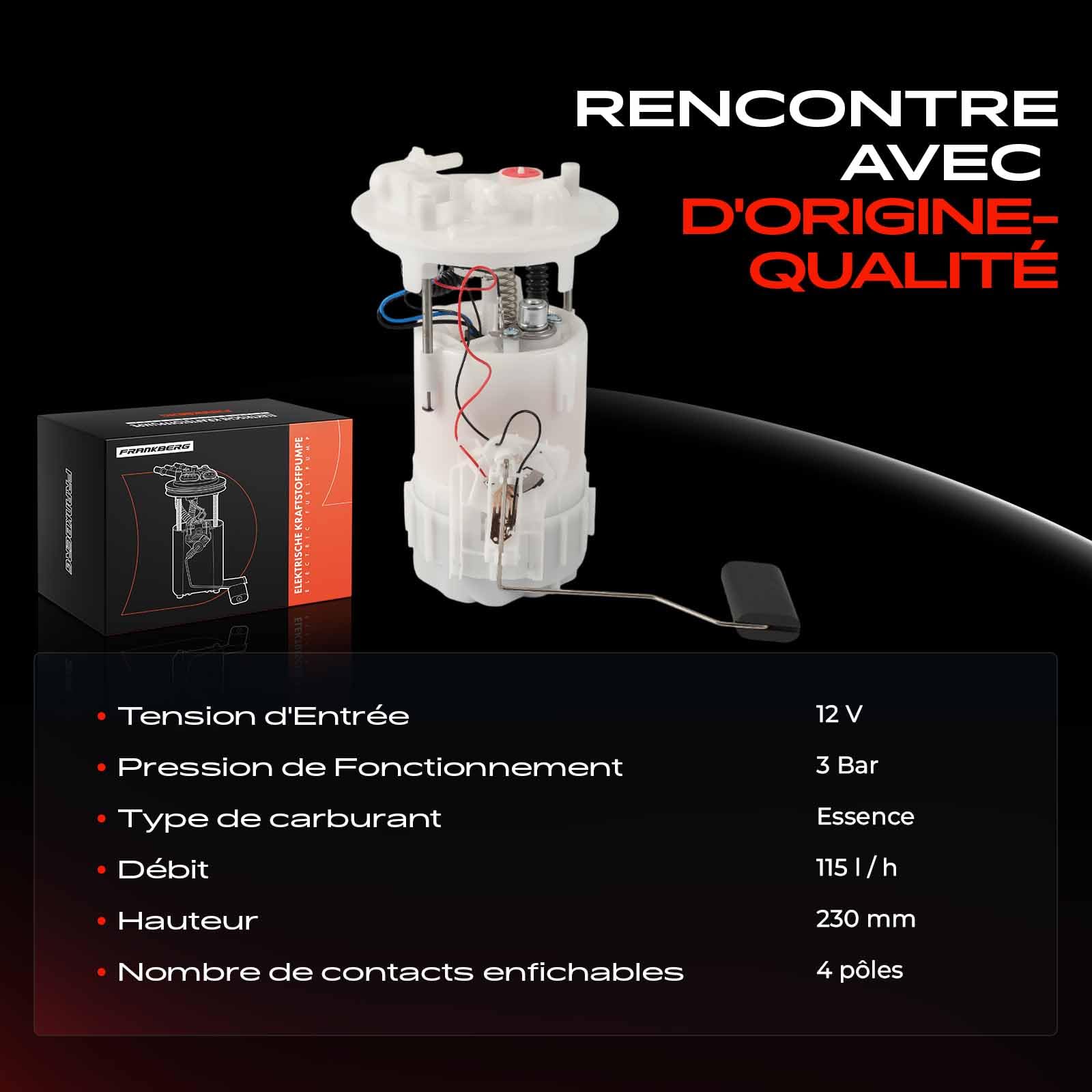 Frankberg Pompe à carburant, pompe à essence | sans capteur de pression, 4 broches, 76832; Compatible avec: Rapid Kasten/MPV F40 G40, K.a.n.g.o.o Express FC0/1