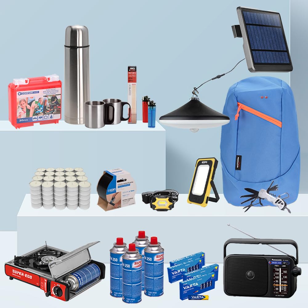 Kit Básico de Supervivencia, Radio Am/FM, Cocina Portátil, Termo 1L, Linternas LED, Mochila 9L, Velas, Herramientas y Primeros Auxilios