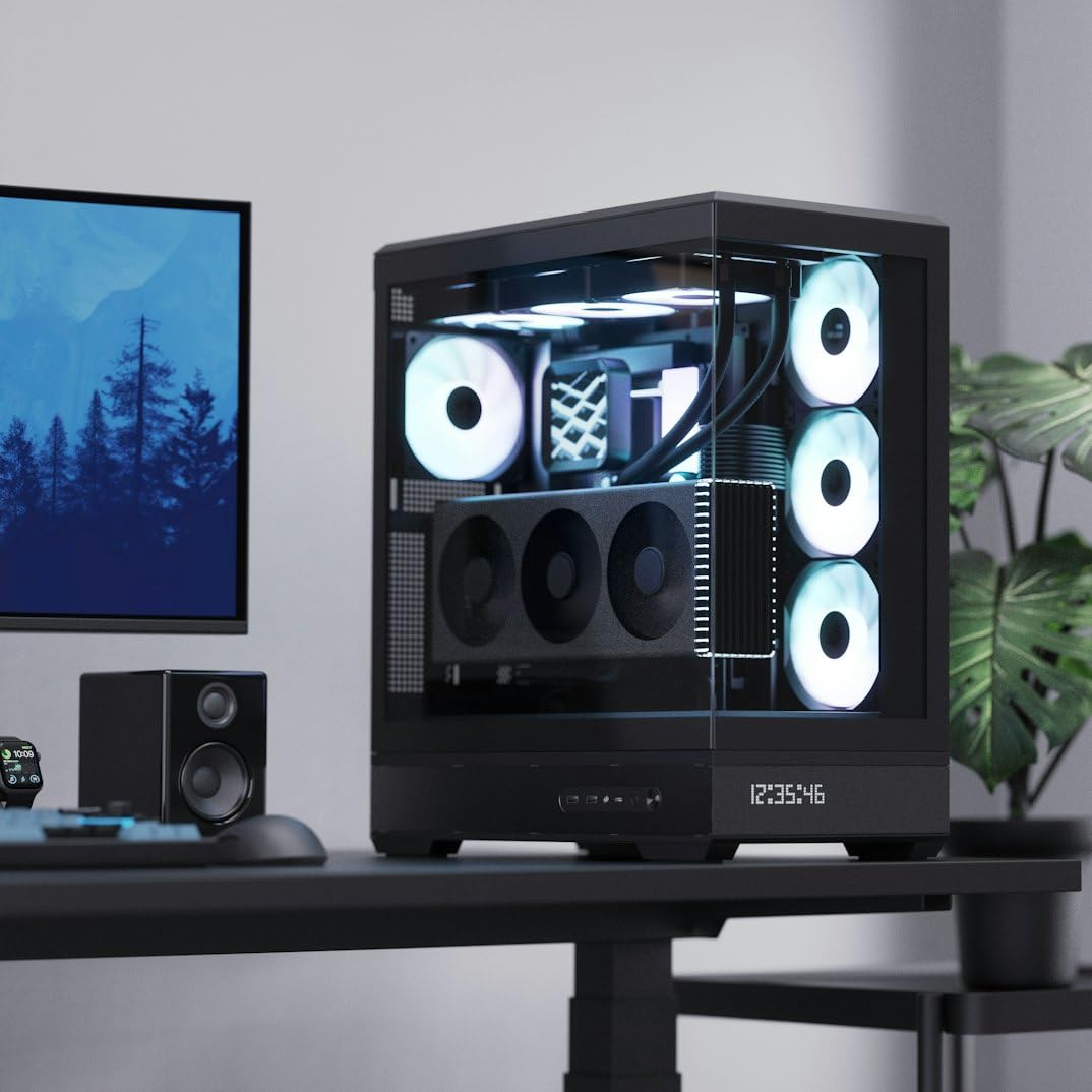 Aerocool P500B Digi schwarzes ATX-Gehäuse, Nahtloser Punkt-Pixel-LED-Bildschirm, 360 mm AIO und Reverse BTF-Motherboard-Unterstützung, verstellbare GPU-Unterstützung, ARGB-PWM-Lüfter x4