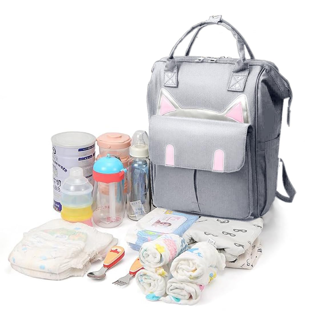 BabyMoon Mother Diaper Bag Lightweight Multifunctional Travel Unisex Diaper Backpack | Grey Kitty-image-27