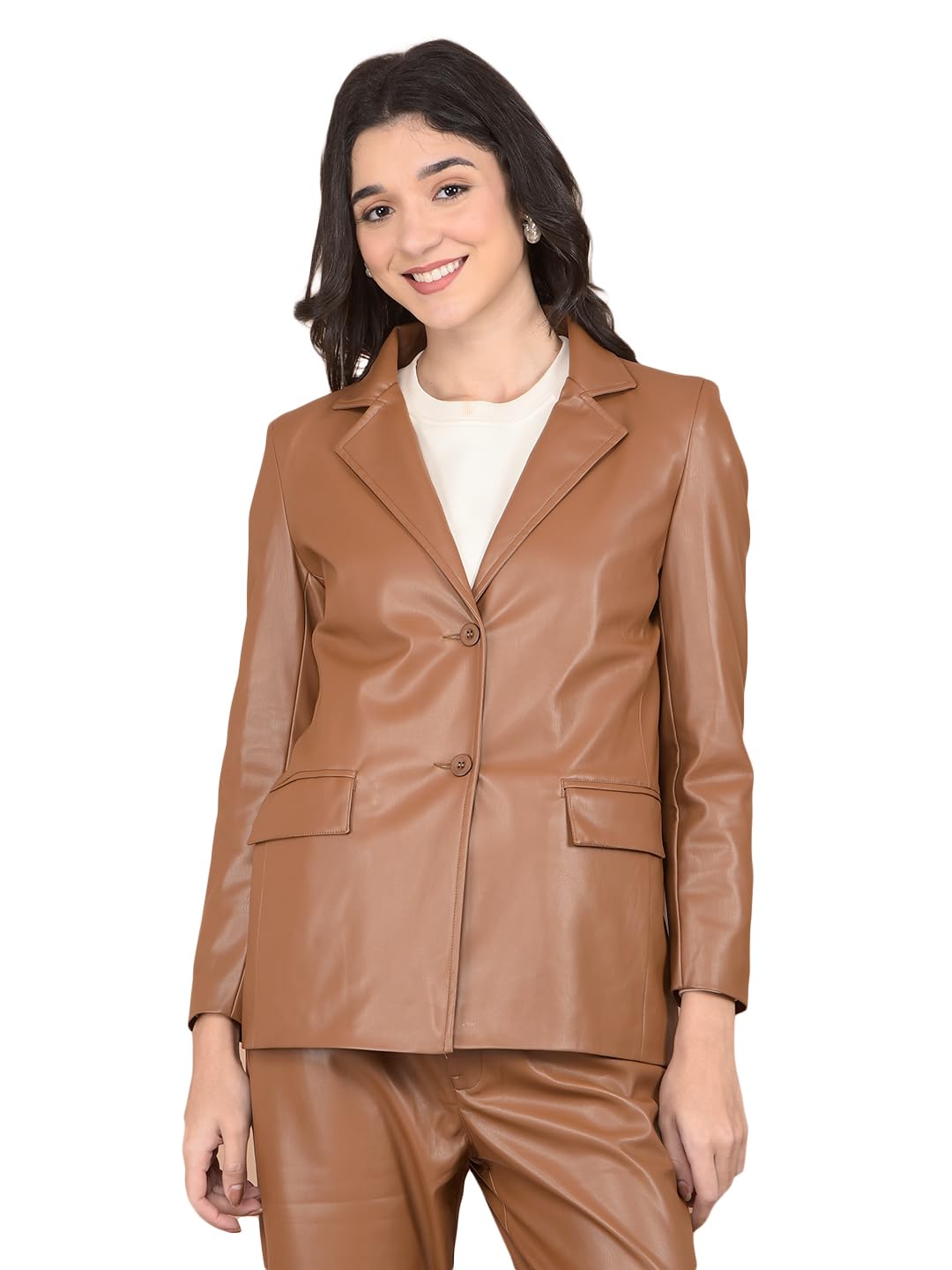 Women's Beige Leather Coat-image-9