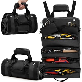 Tool Roll Bag Tool Roll Wrench Roll Bag 6 Pockets 49.5 x 32 cm Canvas Wrench Tool Bag Car Seat Storage Bag with Zip Pockets Black