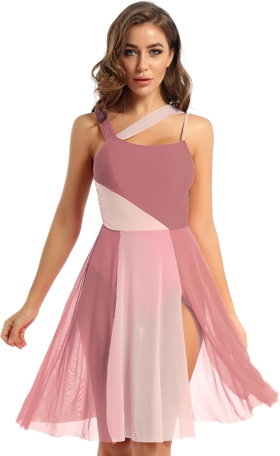 Vxuxlje Women's Color Block Lyrical Dance Dress Mesh Split Modern Ballet Dance Leotard Dress