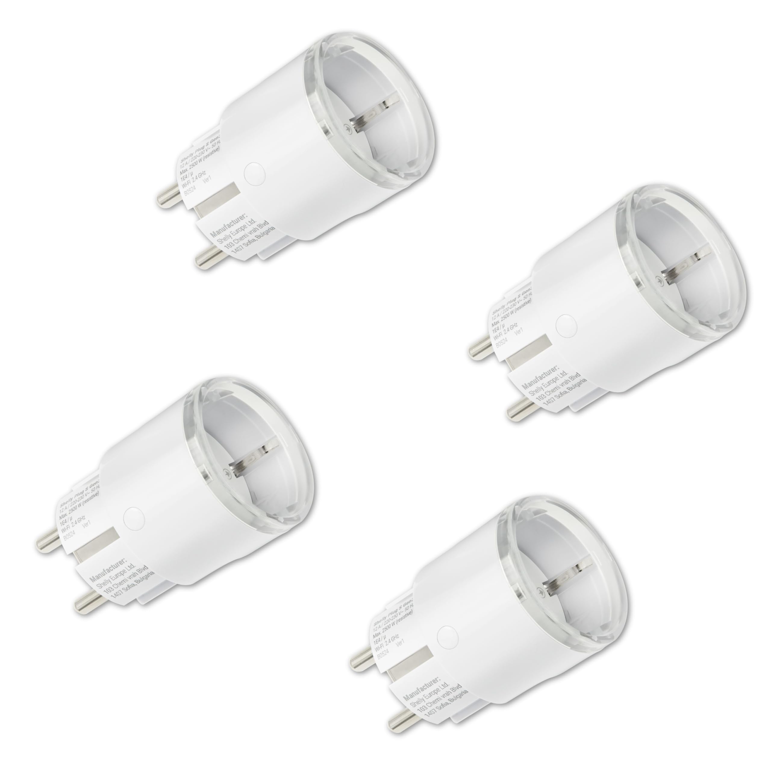 Shelly Plug S Gen3 Weiß WLAN Smarte Steckdose Leistungsmessung 12A 2500W Matter-Zertifiziert Alexa Google Kein Hub Erforderlich 4 Stück