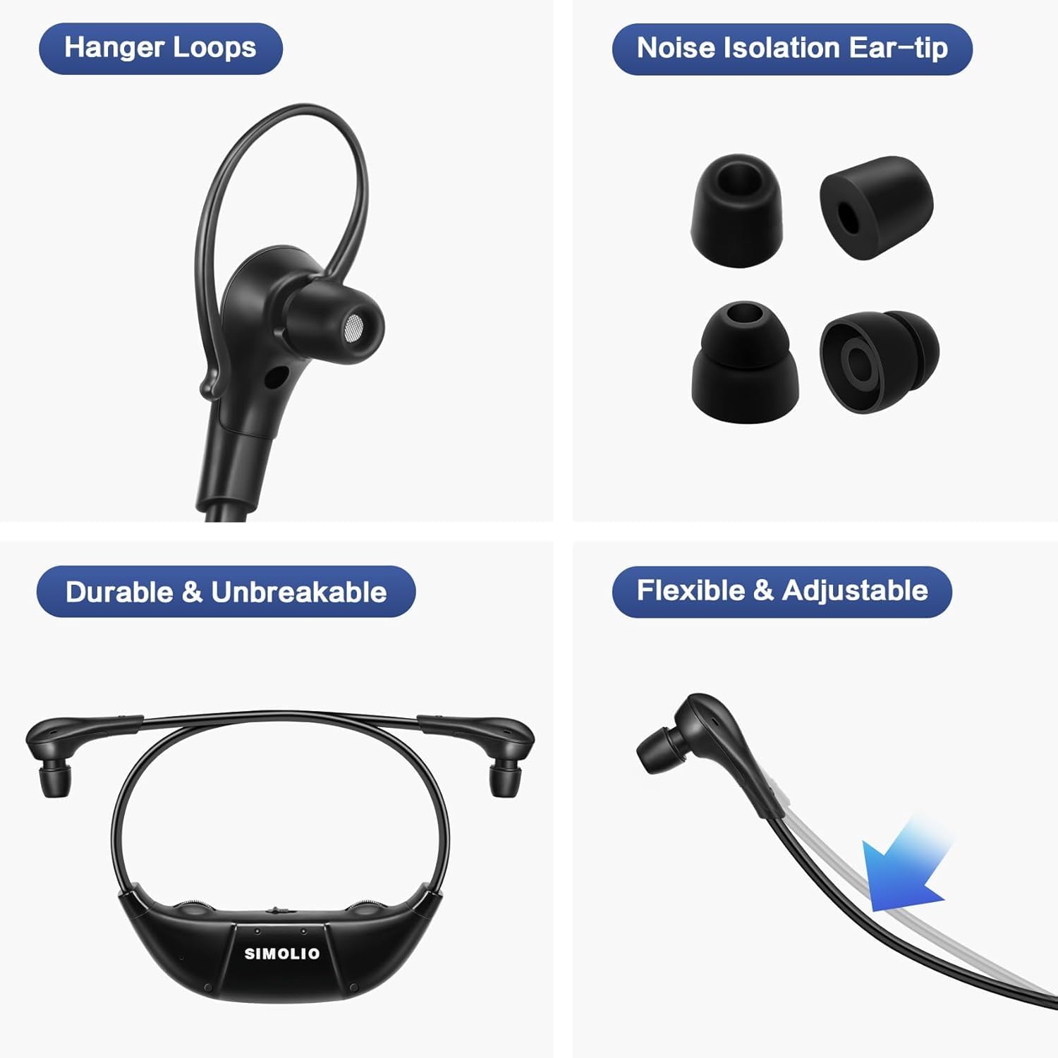 Close-up of SIMOLIO SM-863D headphones showing hanger loops, noise isolation ear-tips, and flexible, durable design.