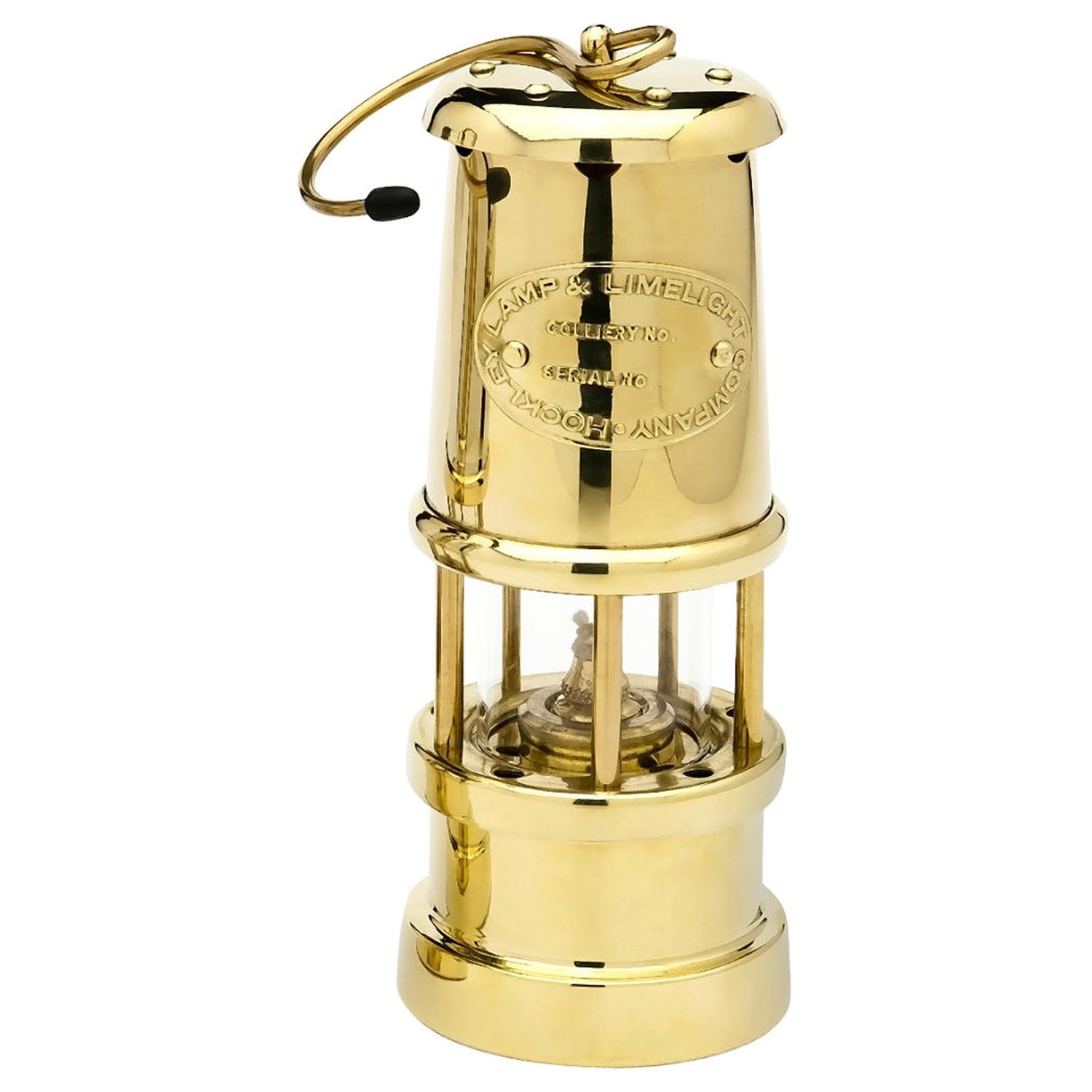 Grubenlampe aus Wales, Messing poliert, 170 mm hoch, mit Seilbrenner und Runddocht, 535 g, 35 ml Behälterinhalt, ca. 7 Stunden Leuchtdauer