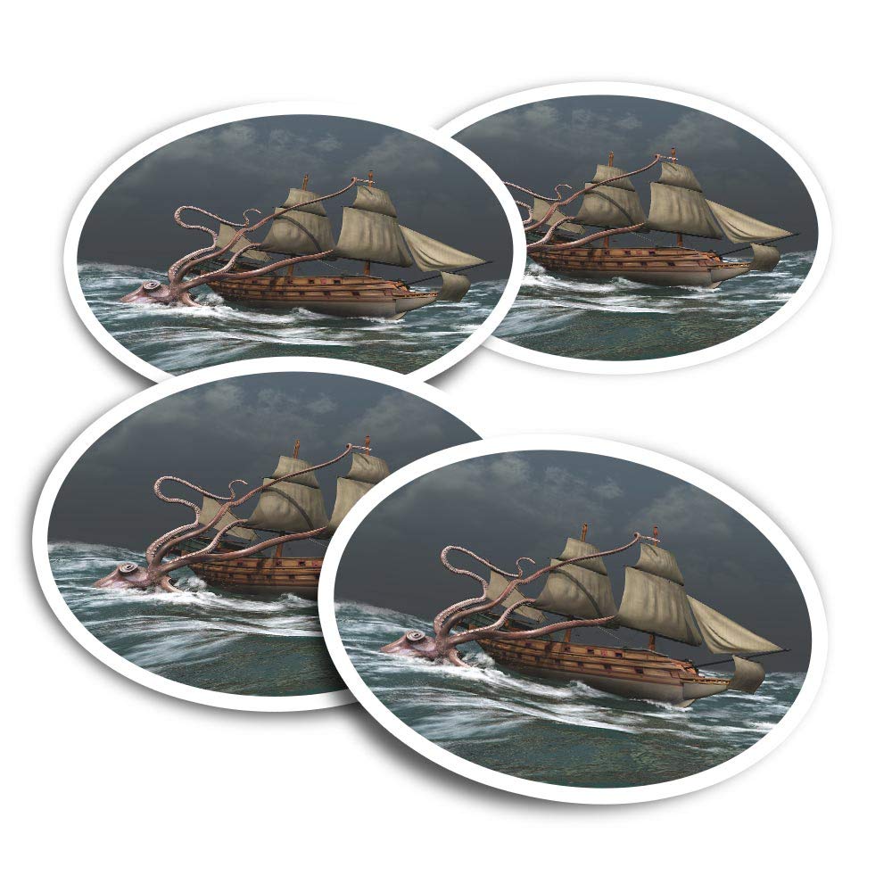 Vinyl Stickers (Set of 2) 10cm - Sea Monster Kraken Ship Attack Fun Decals for Laptops,Tablets,Luggage,Scrap Booking,Fridges #16544