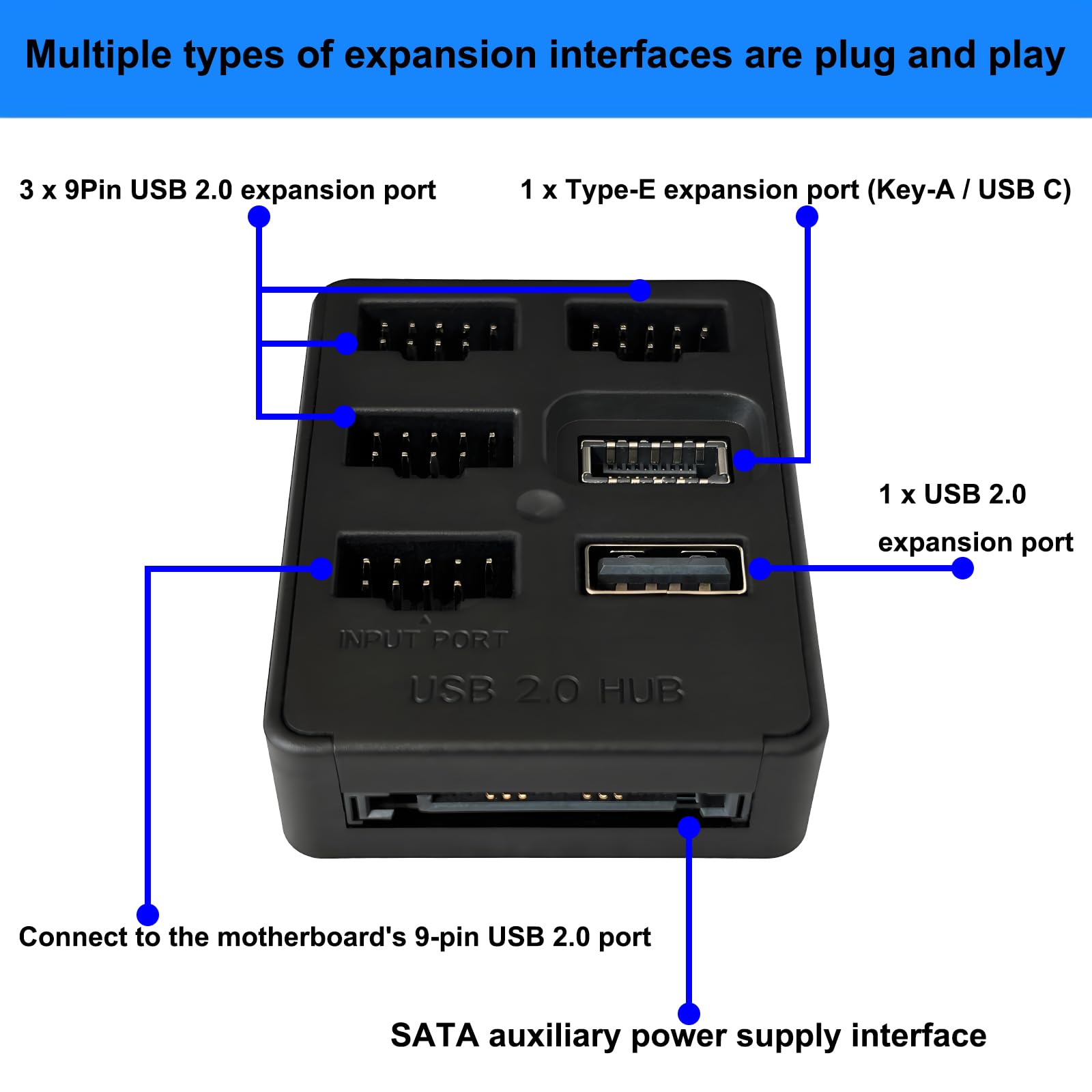 Hub USB interno de 5 puertos, placa base 9pin USB 2.0 Header Splitter, USB 2.0 a USB 3.2 Gen 1 adaptador de cabecera. 7