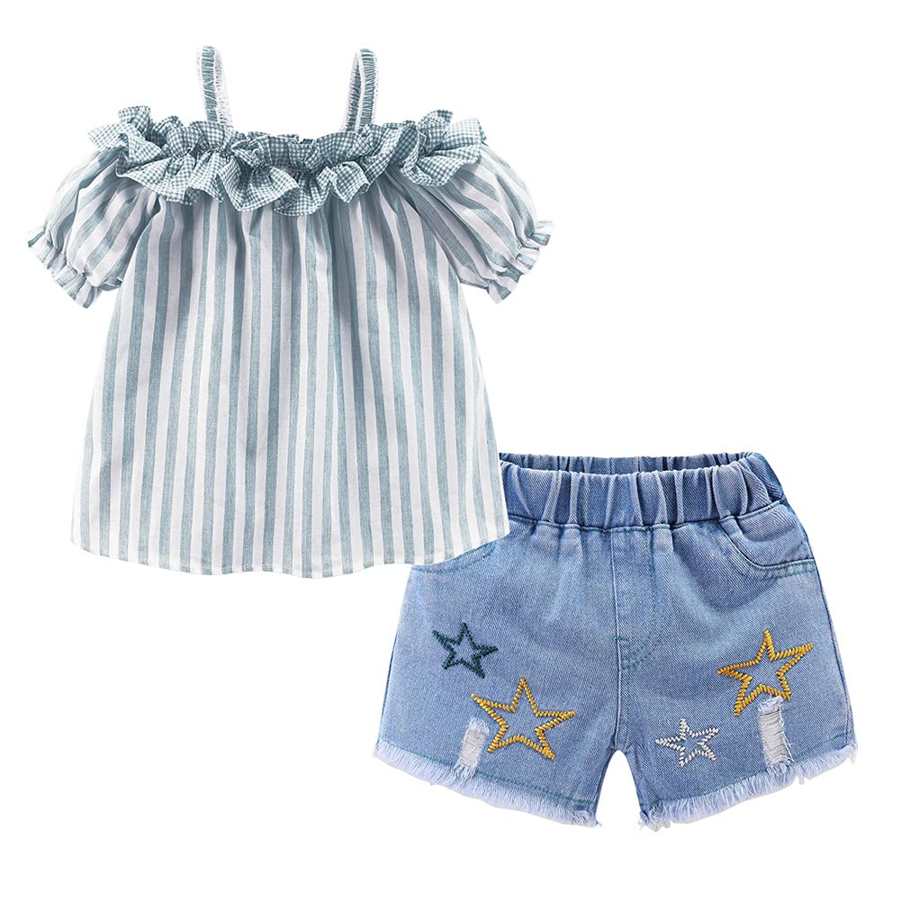 Mud Kingdom Cute Girls Outfits Off Shoulder T-Shirt and Shorts Ripped Denim