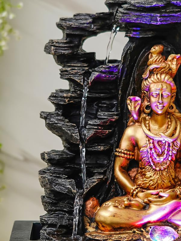 Image of Golden Brown Polyresin Tabletop Lord Shiv 4 Step Indoor Water Fountain for Home Decor with LED, Speed Control Pump (Size: 29 x 22 x 40 CM | Weight: 1780Gram)