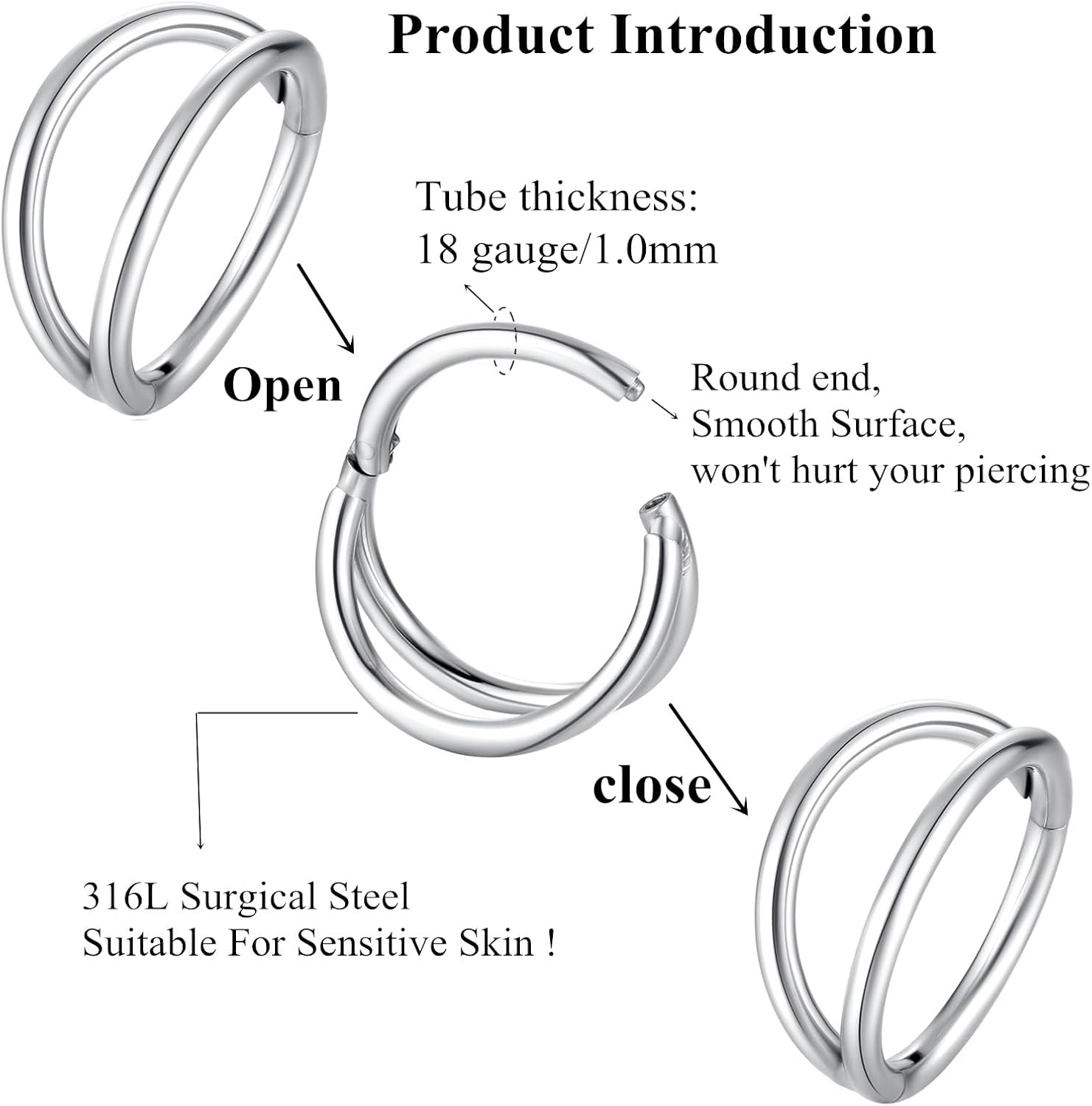 ORANGELOVE Double Hoop Nose Ring 18G 16G 316L Surgical Steel Cartilage Earring Septum Jewelry Seamless Hinged Clicker Segment Ring Conch Daith Tragus Helix Rook Piercing Earring Lip Ring
