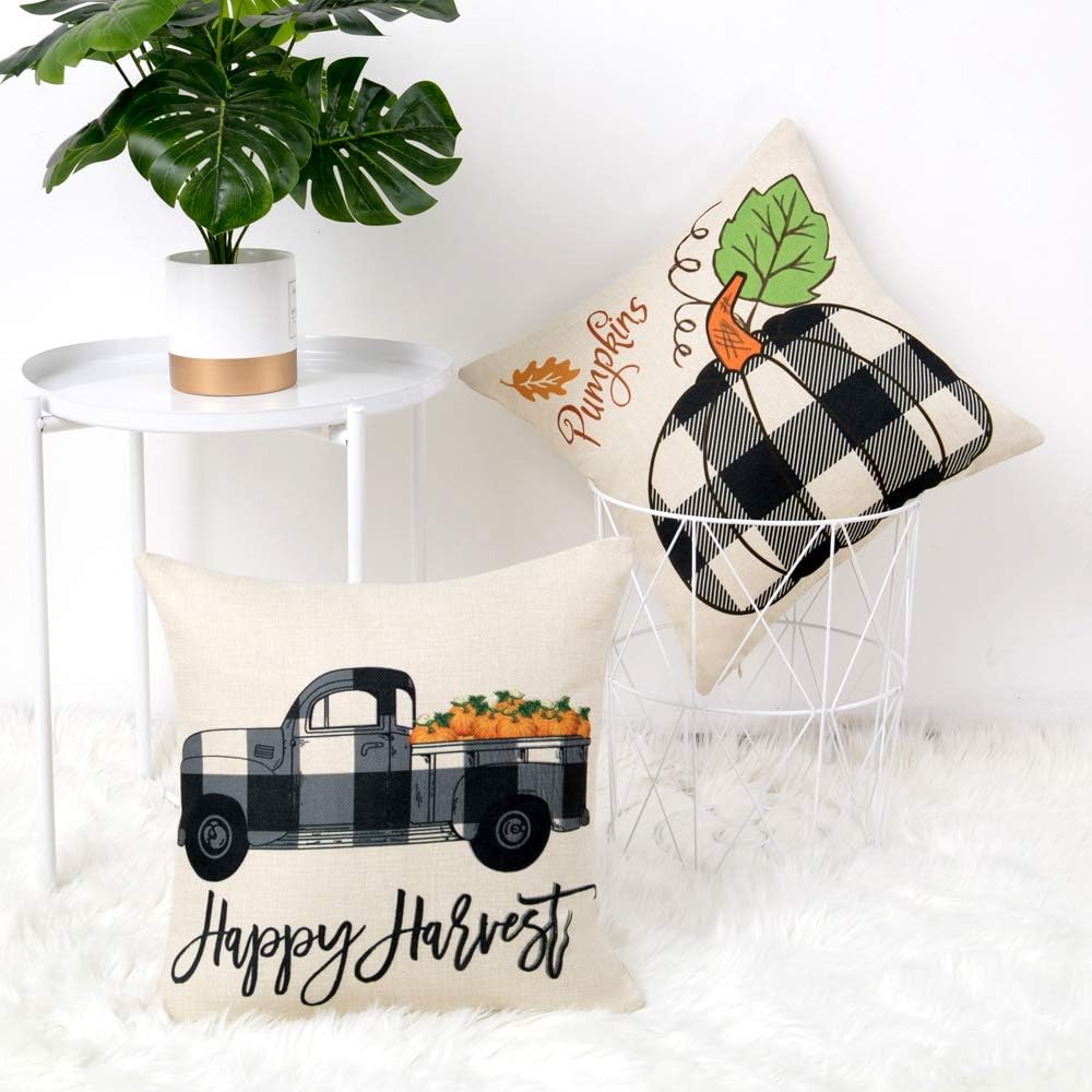 Fall Pillow Covers 18x18 Inch Black and White Buffalo Check Plaid Grateful Thankful Blessd Farmhouse Thanksgiving Decorative Throw Pillow Covers 18x18 Inch for Sofa Couch Decor