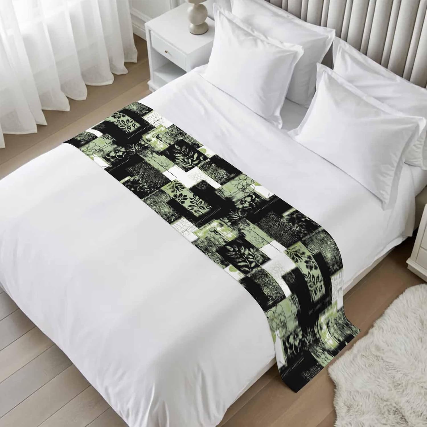 Sage Green Black Bed Runner Cal King Size, Modern Abstract Art Botanical Bed Scarf Protector Slipcover for Bedroom Wedding Room Hotel, Bedding Runner Throws for Foot of Beds 102"x20"