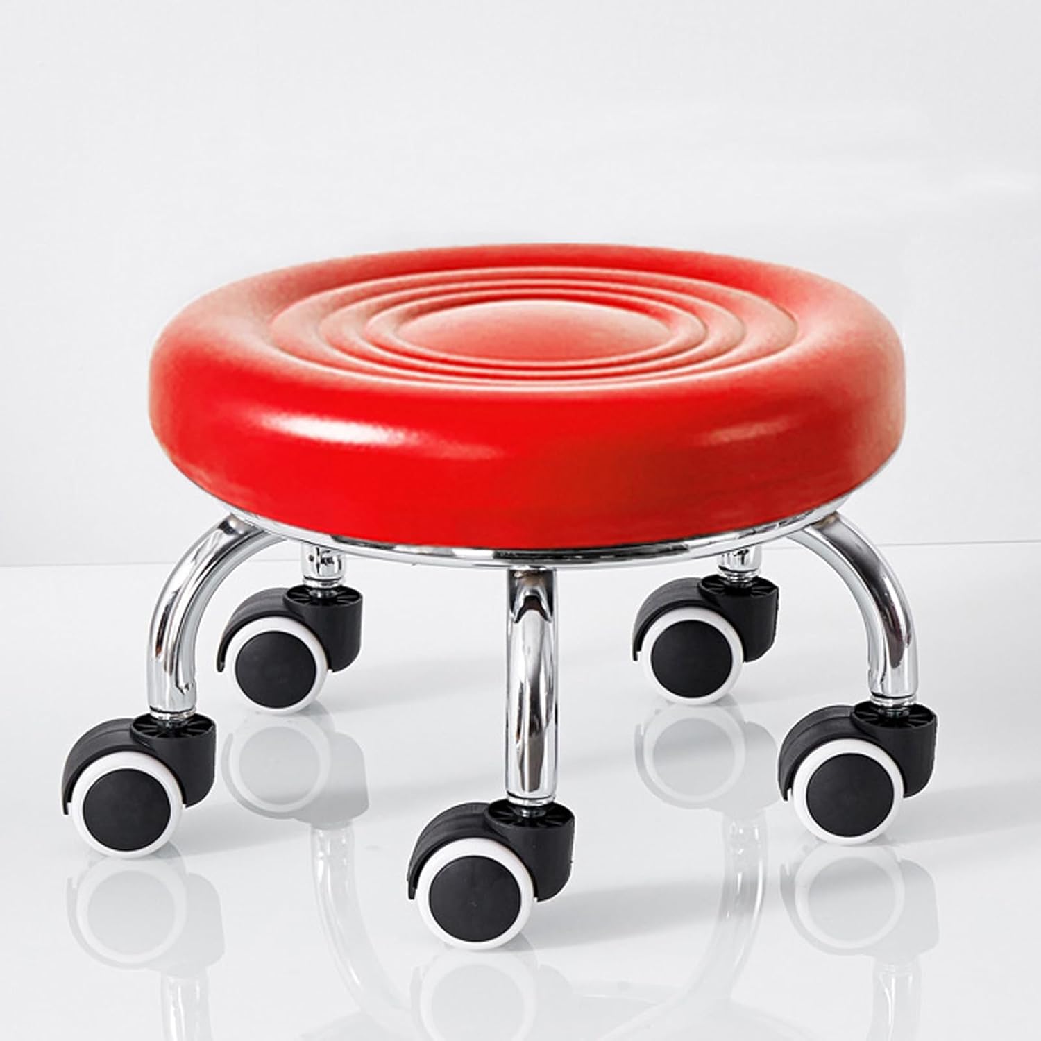 Roller Seat Pu Leather Low Heavy Duty Round Rolling Stool 360° Swivel Small Stool with Universal Caster Wheels for Home Office Garage Shop Fitness Selfless dedication (Red Ripple)
