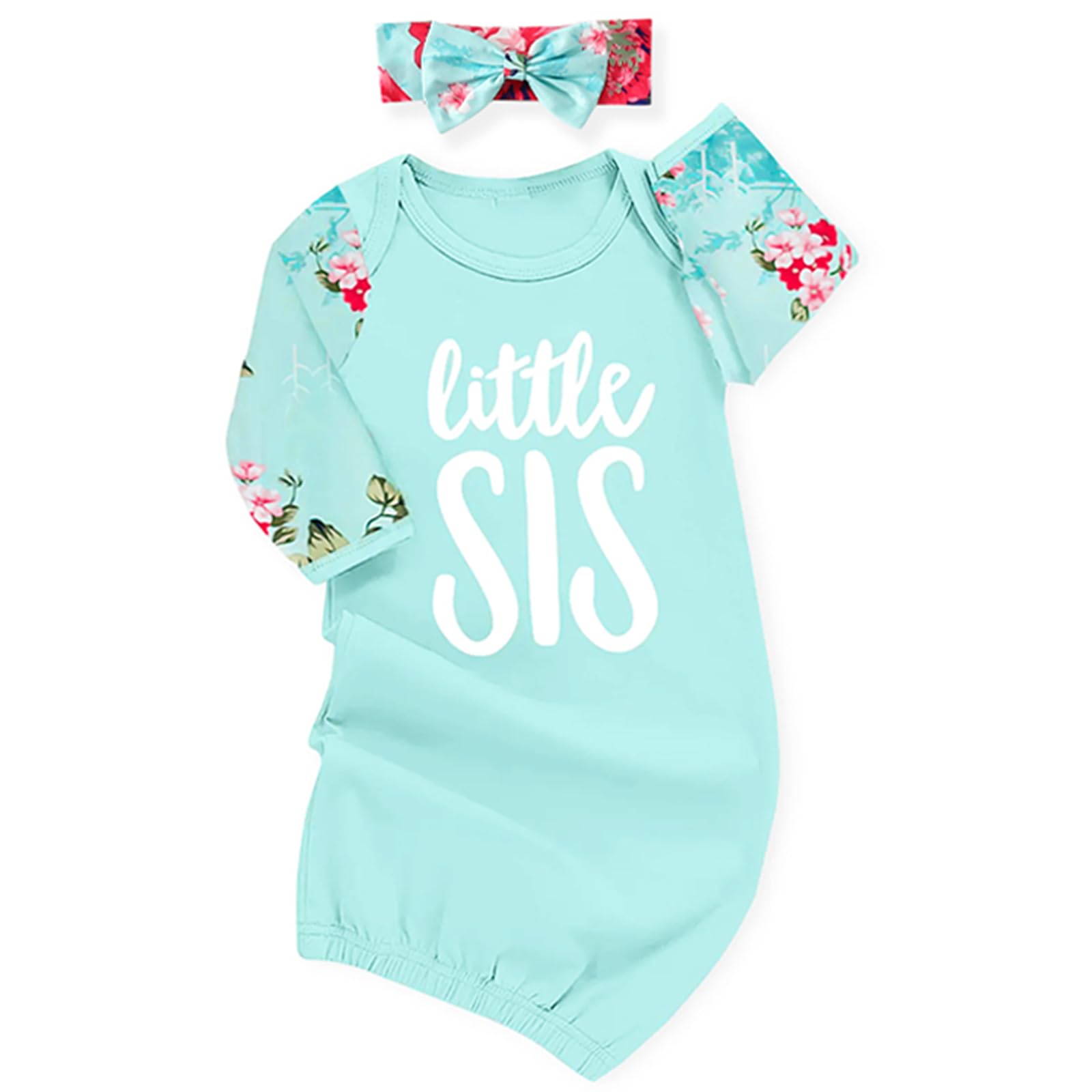 AMAWMW Newborn Baby Girl Little Sister Sleeper Gown Stripe Long Sleeve Nightgown Pajamas Gifts Stuff Essential Outfit A Blue Red Flower Sleeve 0-6 Months