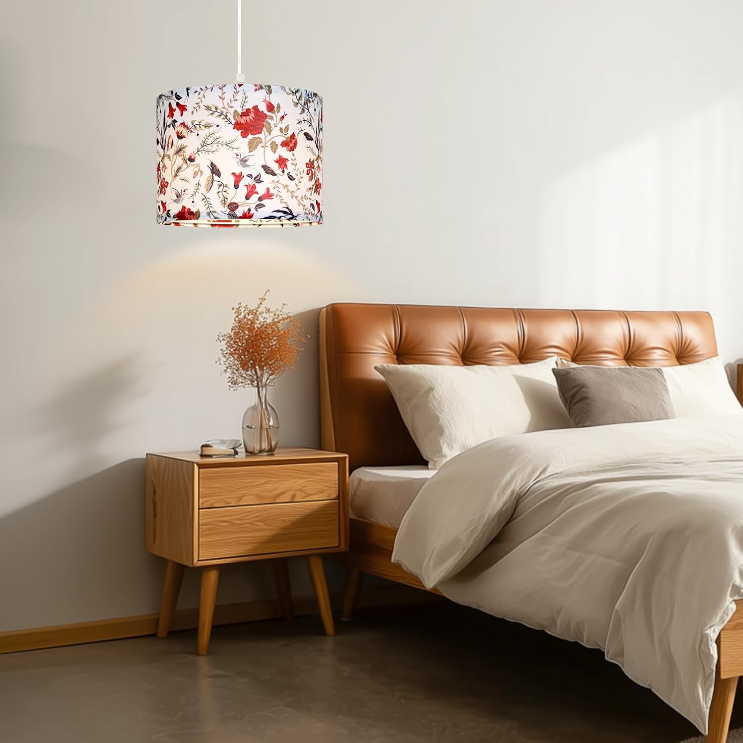 CINSARY Pendant Light with Flower Fabric Shade, Pendant Lights Kitchen Island with Dimmable Switch, Hanging Lamp with 15 ft Clear Cord, Hanging Lamp for Bedroom Dining Room Living Room (Bulb Included)
