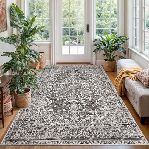 KUTA Vintage Area Rug 4x6 Living Room, Washable Rugs Distressed Tribal Tan Grey, Non-Slip Dining Room Carpet, Soft Low Pile Printed Cozy Small Area Throw for Bedroom, Nursery