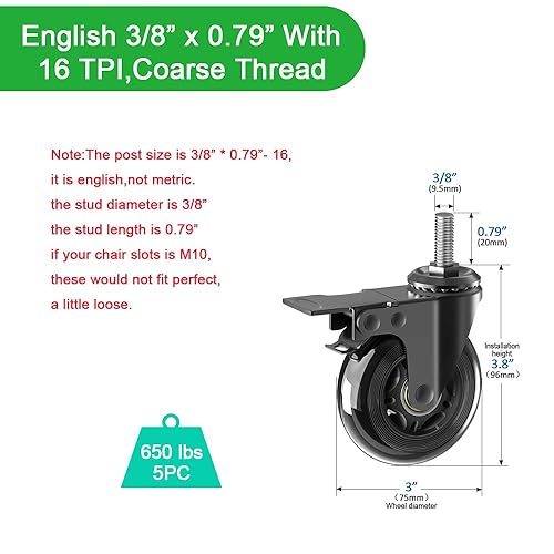 Miniatura 2 de Juego de 5 ruedas giratorias de 3 pulgadas (3 con doble freno de seguridad, 2 sin), ruedas giratorias resistentes con vástago roscado de 38 a 16UNC,