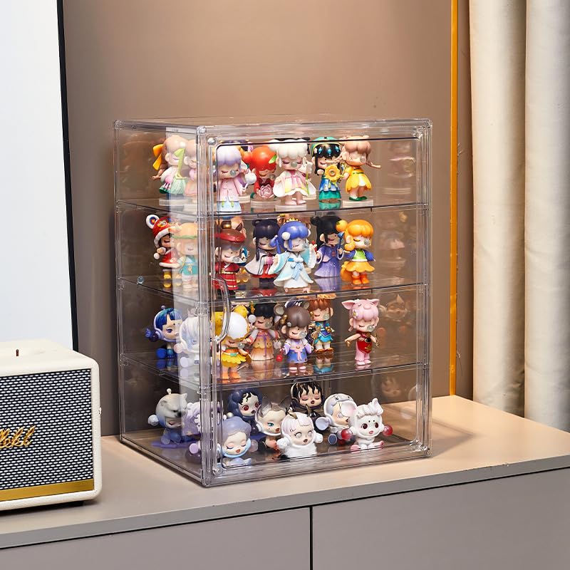 Image of BOHOIDEE 4 Tiers Clear Acrylic Display Case for Closet, Purse Storage Organizers Box, Plastic Storage Bins with 3 Adjustable Divider and Magnetic Door