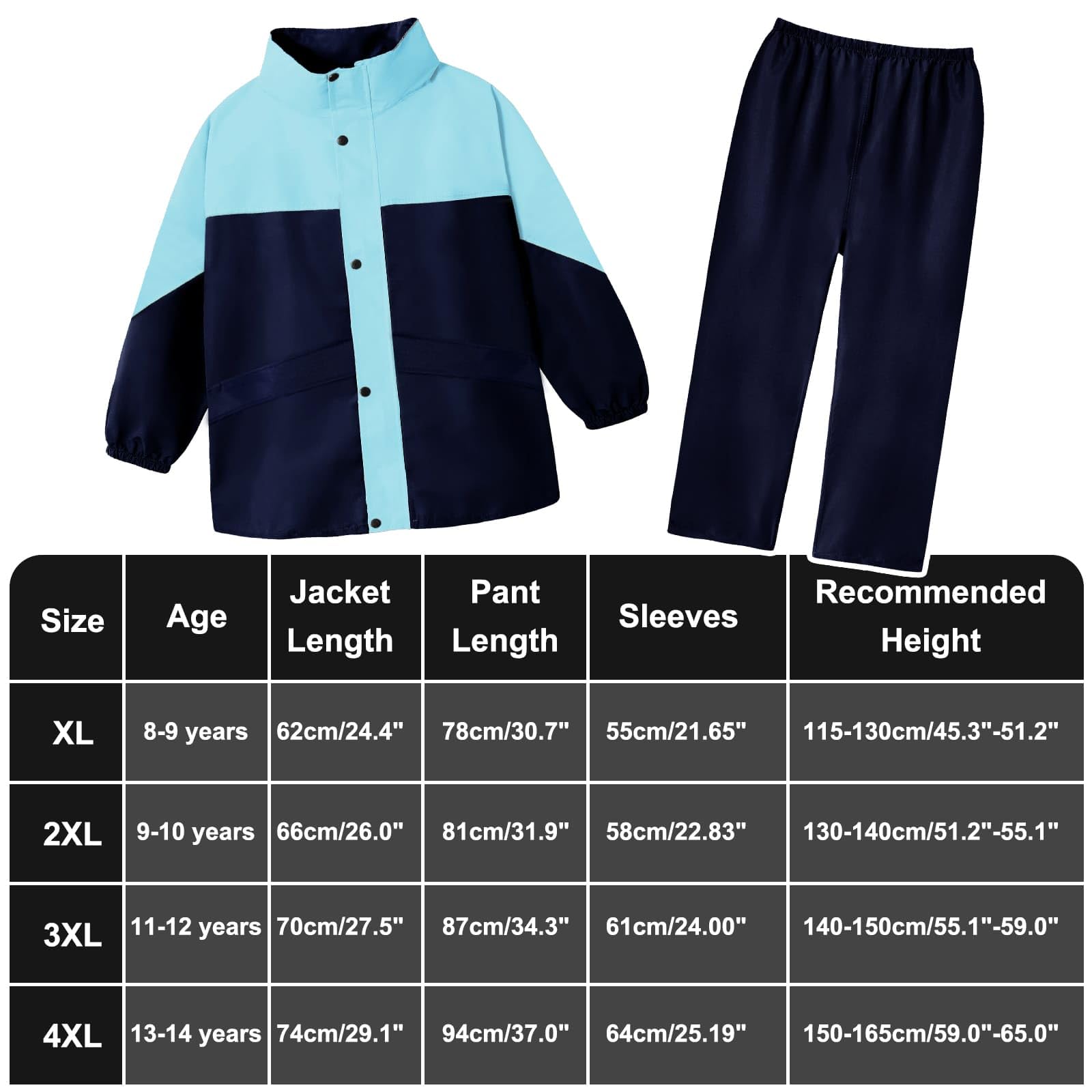 JinBei Enfants Imperméable Garçon Fille Combinaison de Pluie Léger Ensemble Pluie à Réfléchissant Pantalon et Veste Zip Boutons à Capuche Pliante Costume 2 Pièces pour Écoles Camping, 8-14 Ans