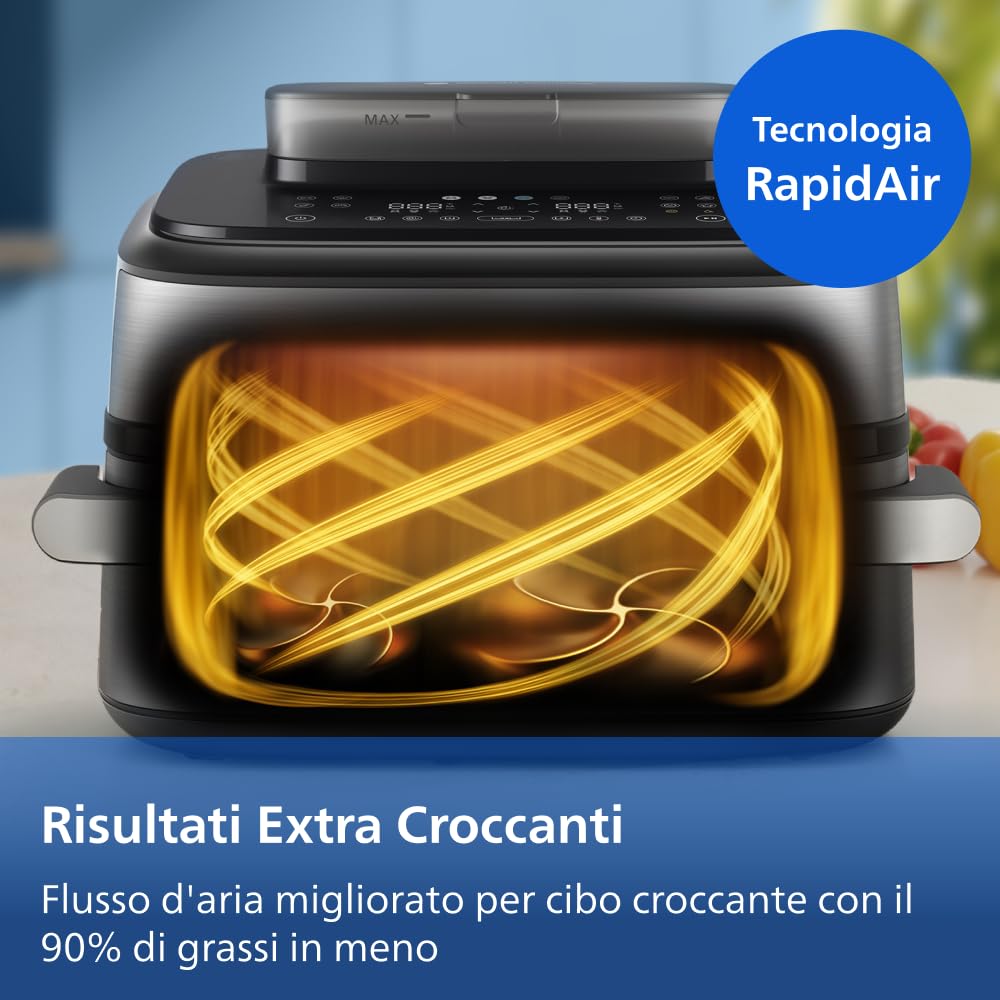 Philips Airfryer Serie 5000 con Maxi Capacità e Funzione Vapore – SteamFry, Vapore e Frittura ad Aria – 28 Programmi di Cottura, Doppio Scomparto 3L+6L, RapidAir Plus, SteamClean (NA565/00)