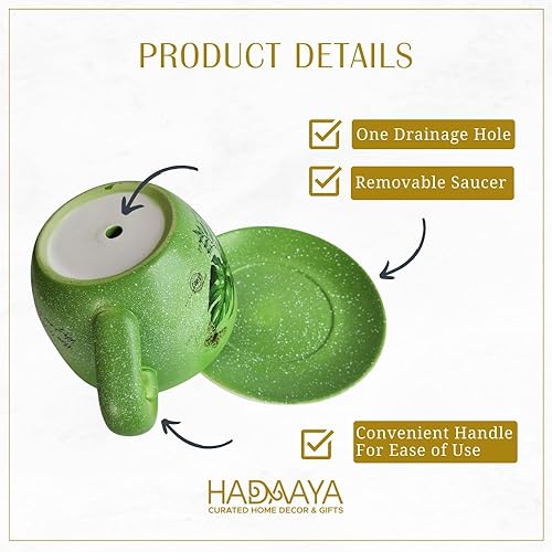 Miniatura 3 de hadaaya Macetero de cerámica con hojas de palma verde de 9 pulgadas con orificio de drenaje y platillo para suculentas orquídeas, hierbas, cactus,