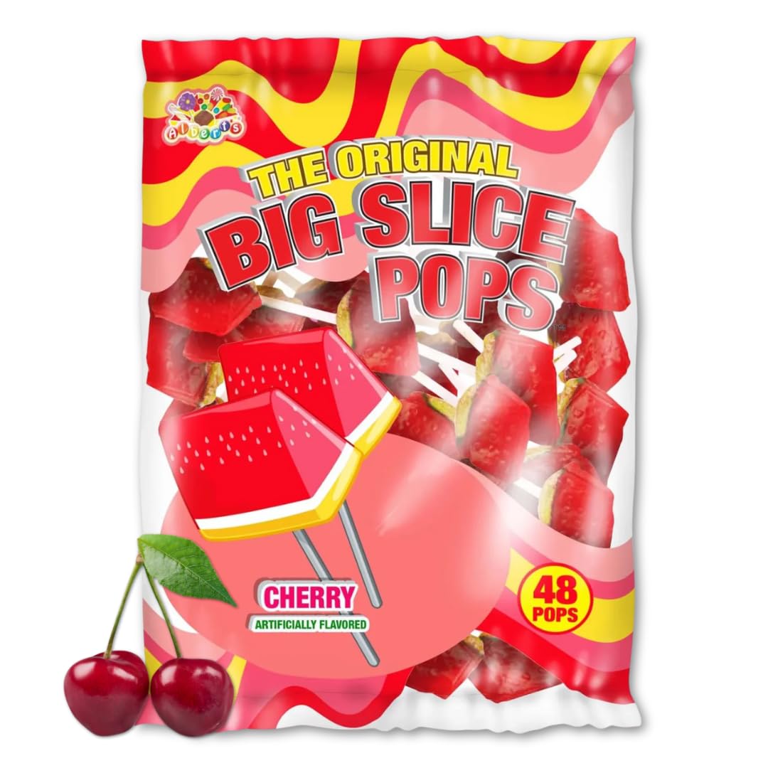 ALBERT’S Big Slice Cherry Lollipops – 48 Count Bulk Pack | Juicy Tropical Flavored Candy Suckers Individually Wrapped for Parties, Events & Sharing