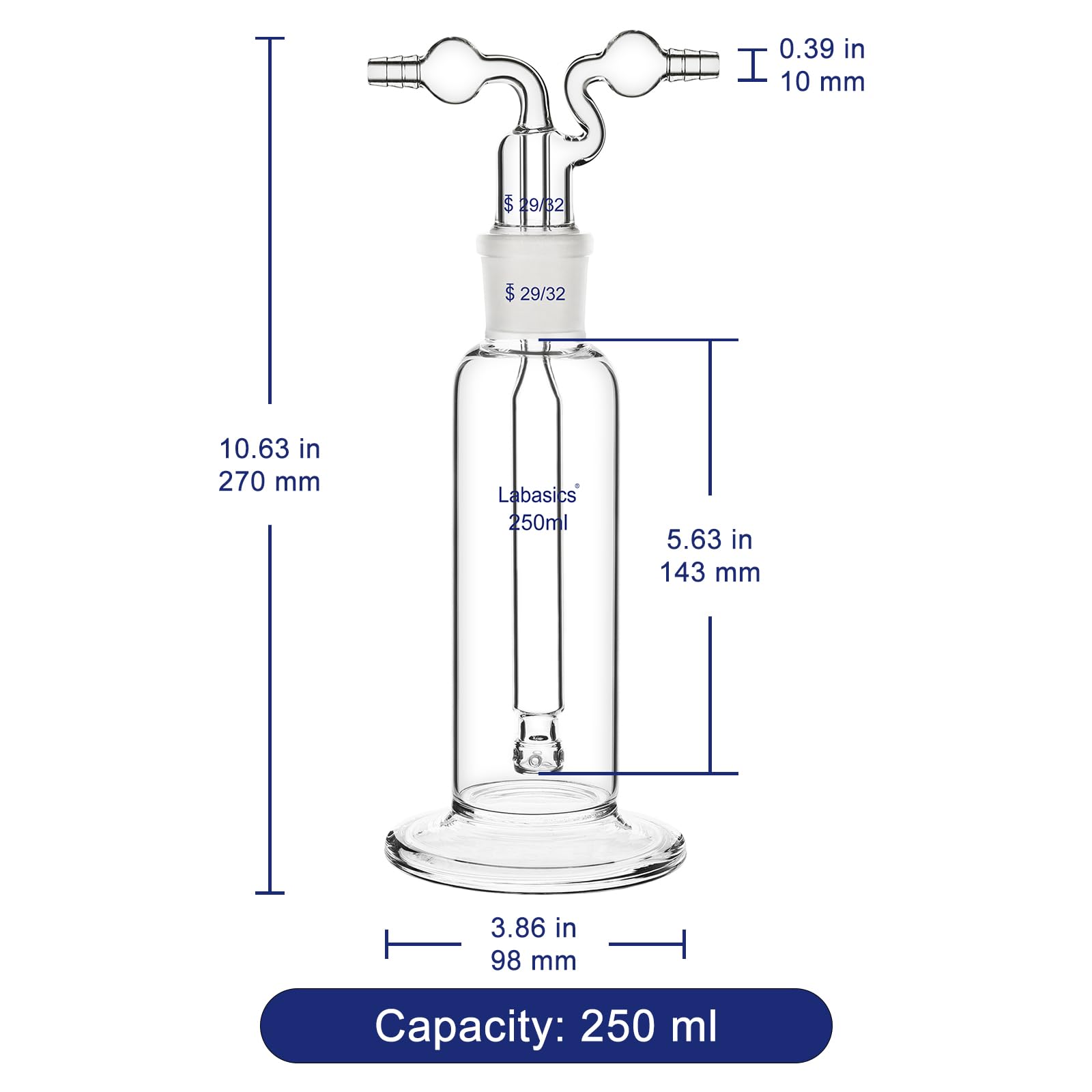 Labasics Drechsel Gas Lavado Botella, 250 ml Borosilicato Vidrio Borboteador con 29/32 Junta, Poroso Esférico Botella para Laboratorio Gas Purificación