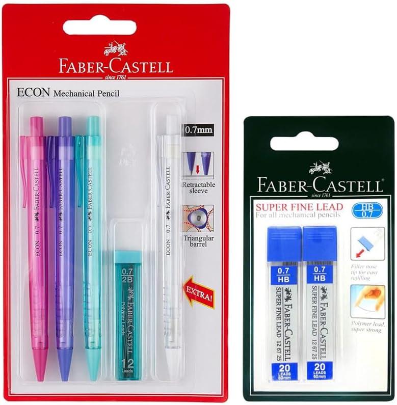 Faber-Castell Econ 4 Mechanical Pencil 0.7mm, assorted + 2 set of Leads 0.7 mm HB