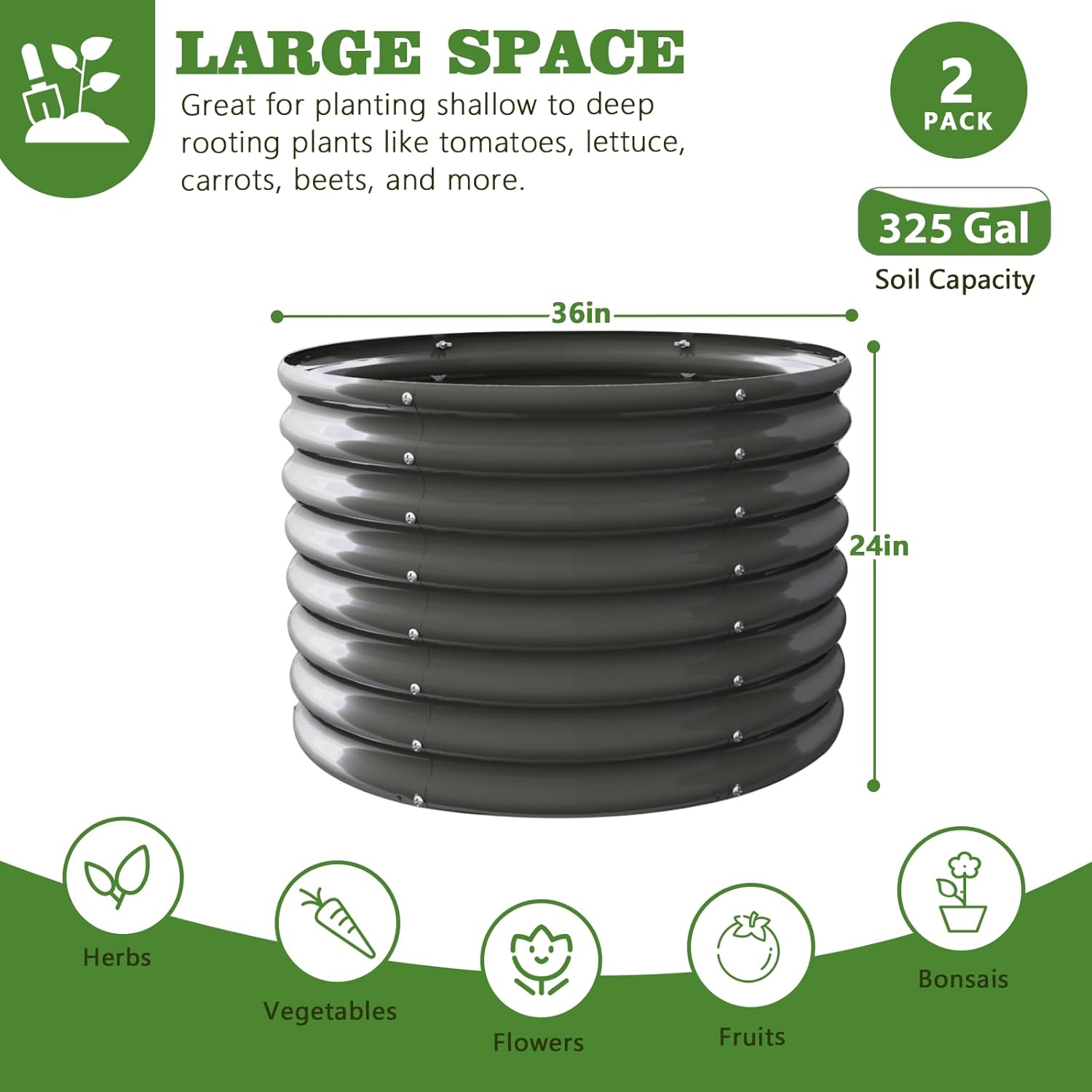 a anleolife 2-pack 3ft x 24” tall galvanized raised garden beds outdoor, round metal planter box for planting vegetables flowers herb, anti-rust & easy-setup, quartz grey 3×2ft tall round gray