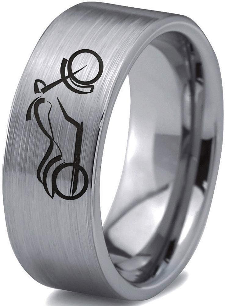 Motorcycle Bike Motor Bicycle Ring - Tungsten Band 8mm - Men - Women - 18k Rose Gold Step Bevel Edge - Yellow - Grey - Blue - Black - Brushed - Polished - Wedding - Gift Dome Flat Cut