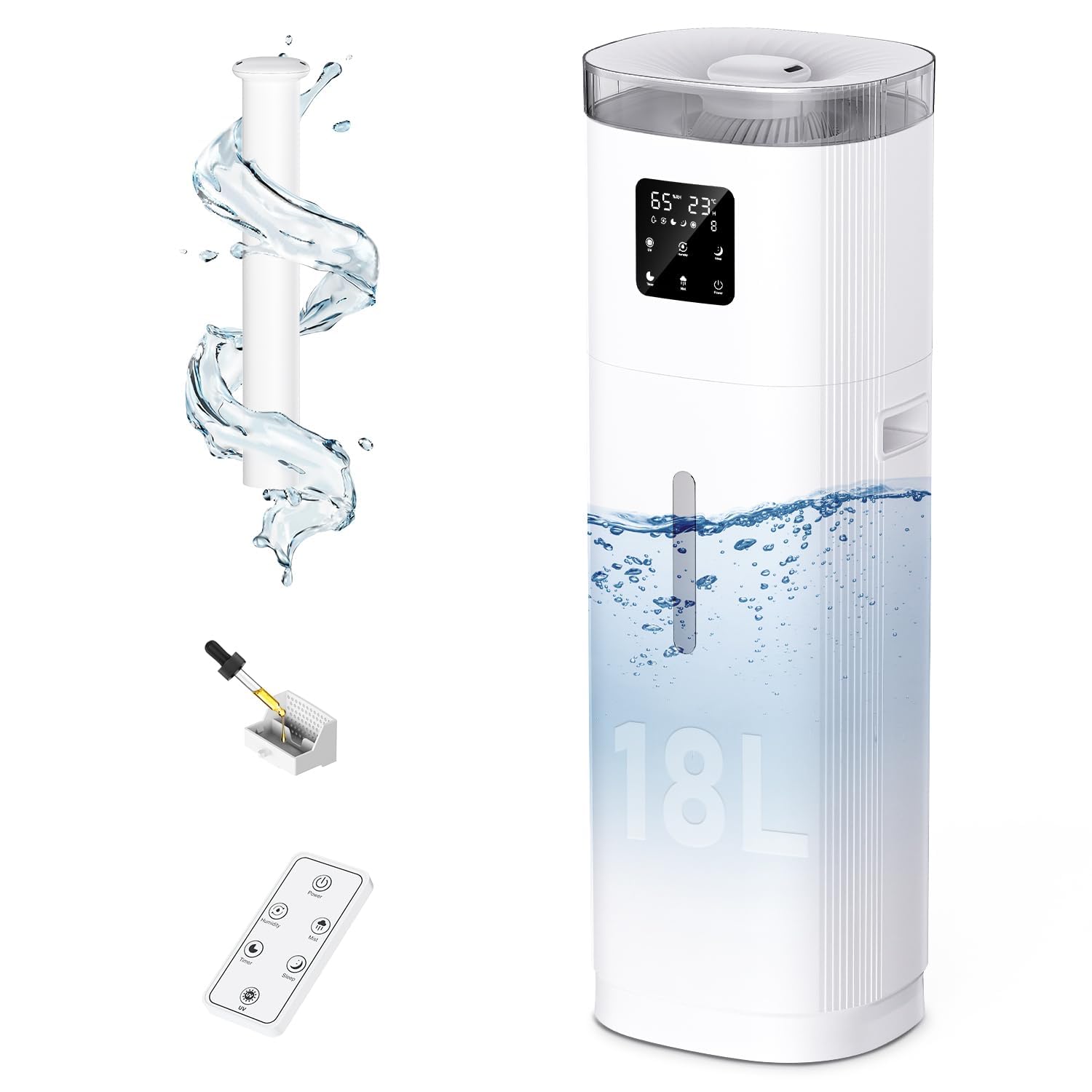 Humidifier Large Room, 4.8Gal/18L Top Fill Whole House Humidifier for 2000 sq.ft, 800ml/h Cool Mist, 30%-95% Custom Humidity, Extension Tube, Remote Control, Aroma Box, Movable Casters