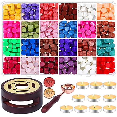 636Pcs Wax Seal Stamp Kit, Acejoz Wax Seal Kit with Wax Seal Beads, Tea Candles, Wax Melting Spoon and Wax Seal Warmer for Wax Seal Stamp, Sealing Envelopes, Crafts (24 Colors)