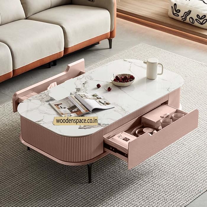 Image of WOODEN SPACE Premium Solo Marble-Top Wooden Center Table for Living Room | Iron Legs | PVD Coating | Modern Entryway Furniture | Coffee Table - 42X24X18 in (Pink)