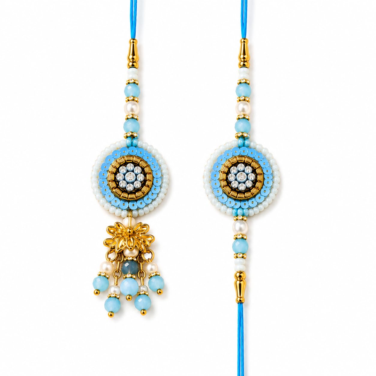 Premium Bhaiya Bhabhi Rakhi Set with Designer Blue Beaded Rakhi & Matching Floral Lumba | Handmade Luxury Pearl Rakshabandhan Combo for Brother & Bhabhi | Raksha Bandhan Gift Set with Roli Chawal-image-39