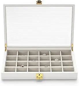 Leather 24Grids Jewelry Organizer Box with Acrylic Lid Premium Large Jewelry Box Bracelet Bangle Watch Jewellry Display Case(White)
