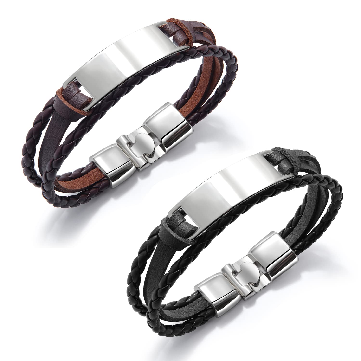 ORiTi2PCS Mens Leather Bracelets Premium Braided Leather Bracelets for Men with Stainless Steel Magnetic Clasp Braided Bracelets for Men Leather Cuff Mens Boys Bracelet