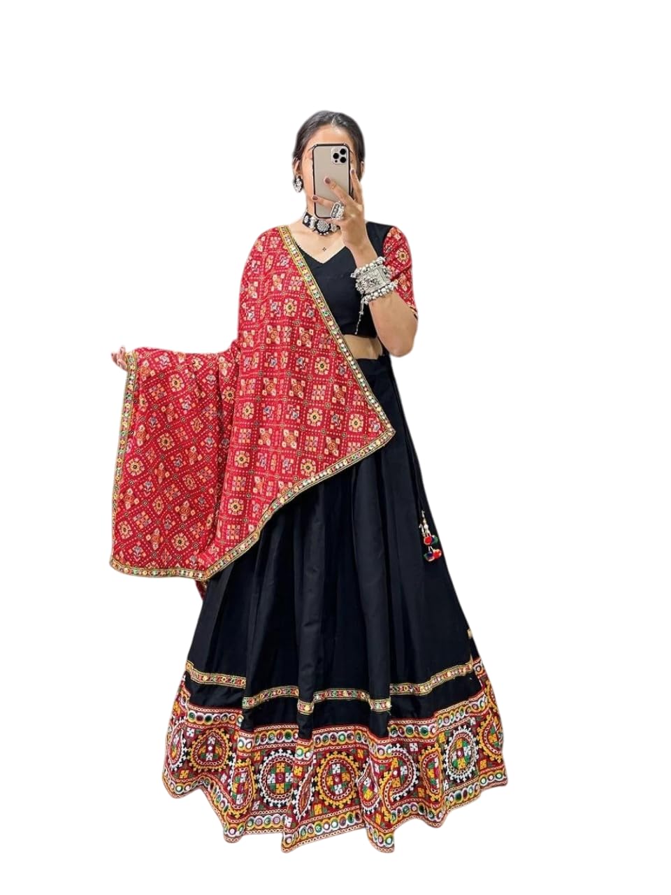 Women's Black Pure Cotton Gamthi Work Lehenga Choli-image-37