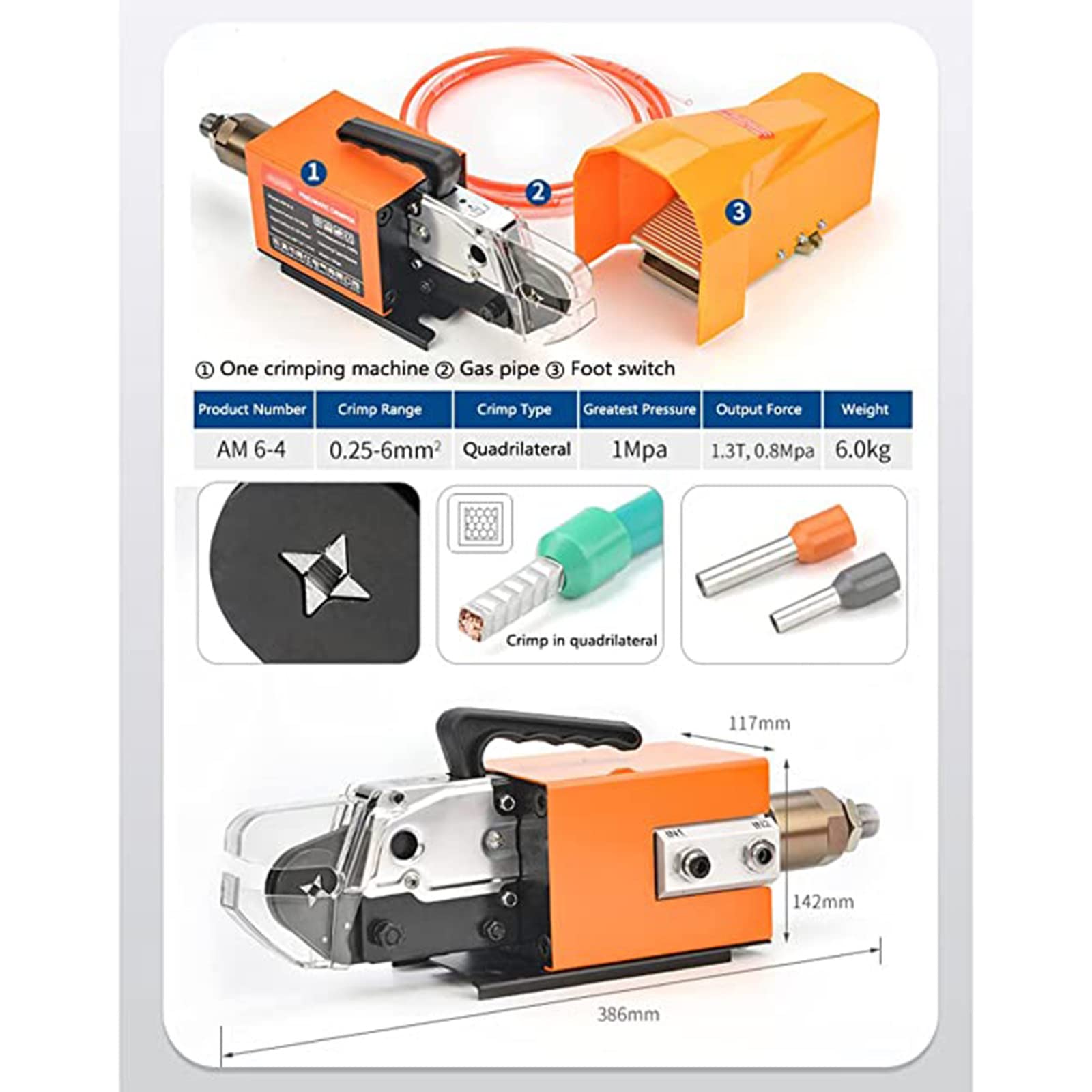 Herramienta de crimpado neumática Crimpadora neumática de terminales de Cable con 4 Juegos de Matrices y crimpadora de pie Herramienta de crimpado neumática para Todo Tipo de terminales,2