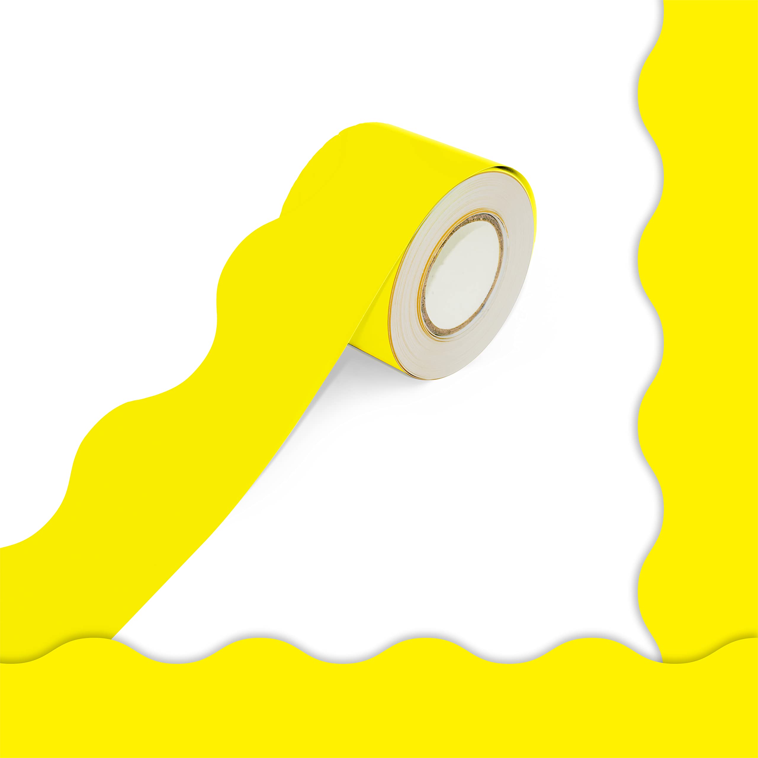 60 Feet Bulletin Board Borders, Pure Yellow Scalloped Rolled Border Trim Board Border with Wavy Line Design Decoration for School, Classroom & Offices