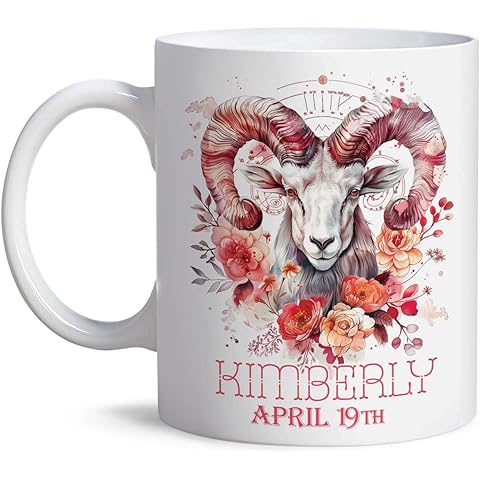 Custom Aries Zodiac Coffee Mug, Personalized Name And Date Horoscope Mug, Floral Astrology Aries Sign Ceramic Cup, Customized Zodiac Themed White Mug 11oz, Aries Birthday Mug Gift